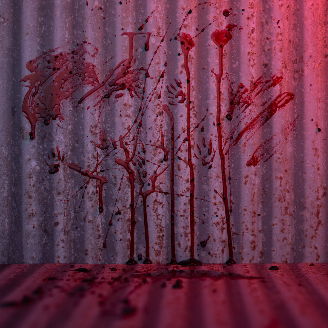 Photography set with corrugated metal and blood spatters and a bit more red light