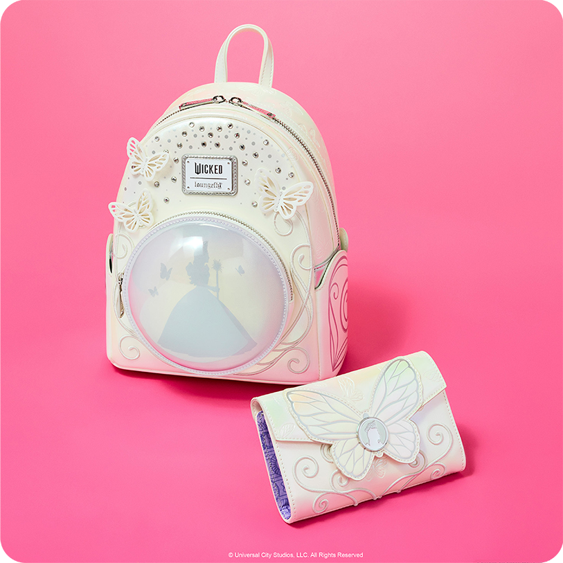 Pink background featuring Loungefly Wicked: For Good Glinda Bubble Mini Backpack and Wallet