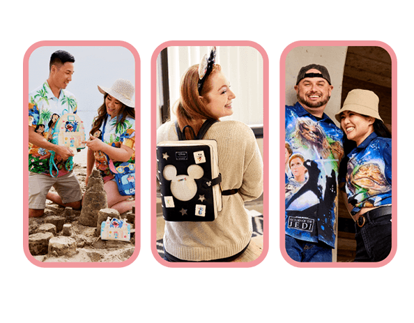 Pink bordered images of models showcasing Loungefly products