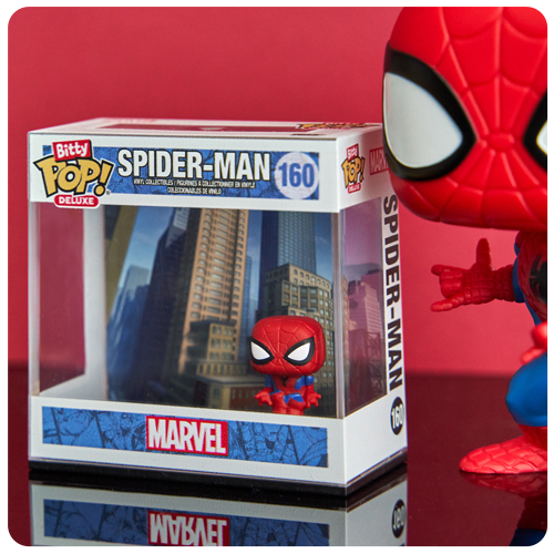 Red background featuring Funko Bitty Delux Marvel Spider-Man collectible