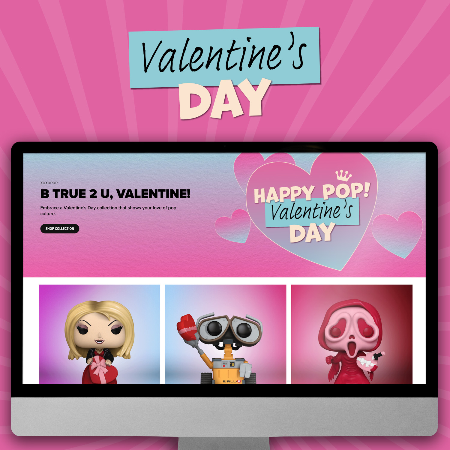 Pink swirl background with computer screen showcasing Funko Valentine's Day Gift Guide. Find the perfect Valentine's Day gift here!