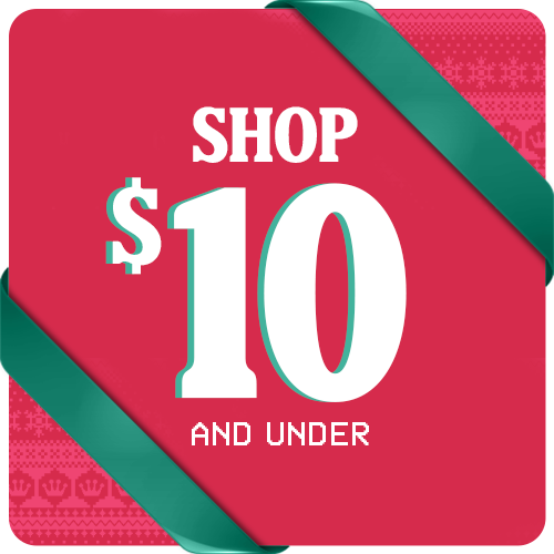 Red square with Ugly Christmas Sweater pattern and Green ribbons featuring "Shop $10 and Under" holiday gifts text