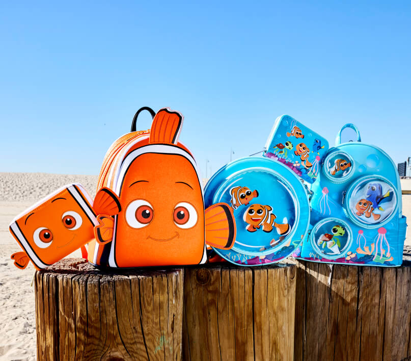Sunny beach background with Loungefly Pixar Finding Nemo collection