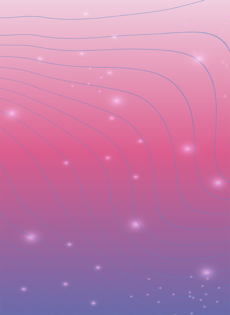 Pink to Purple gradient background with Blue wavy lines and Pink floating orbs