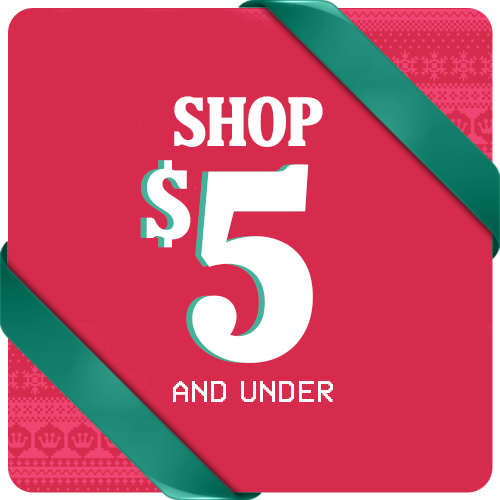 Red square with Ugly Christmas Sweater pattern and Green ribbons featuring "Shop $5 and Under" holiday gifts text