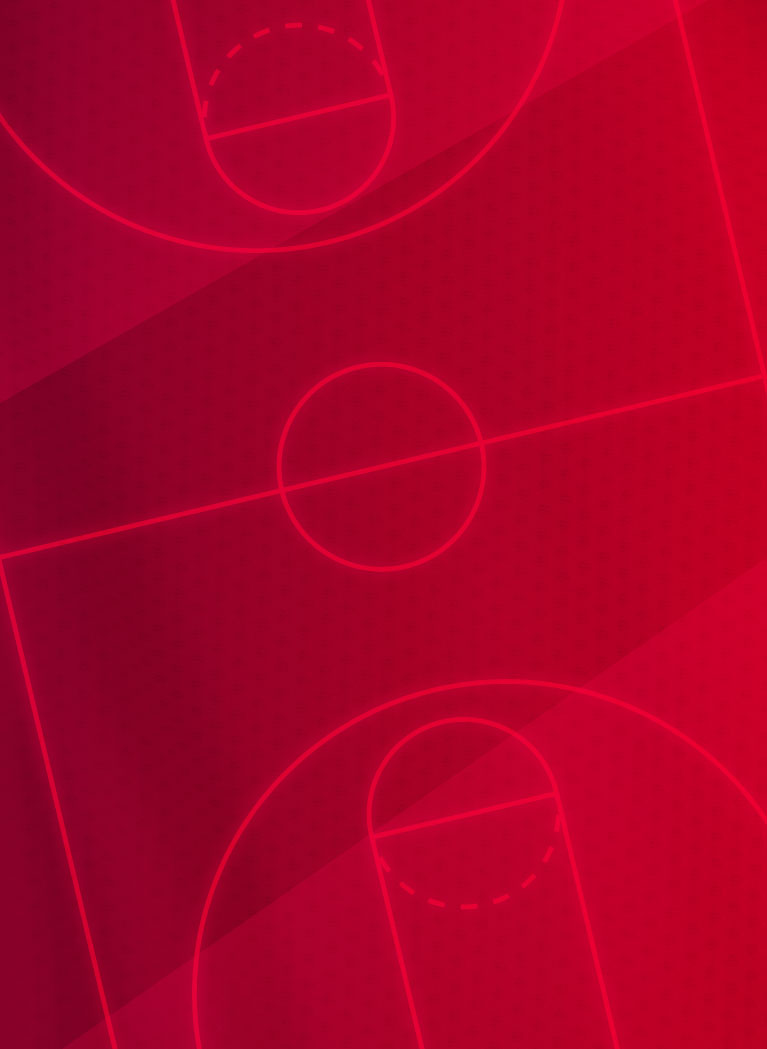 Dark Red background with White outline of basketball court