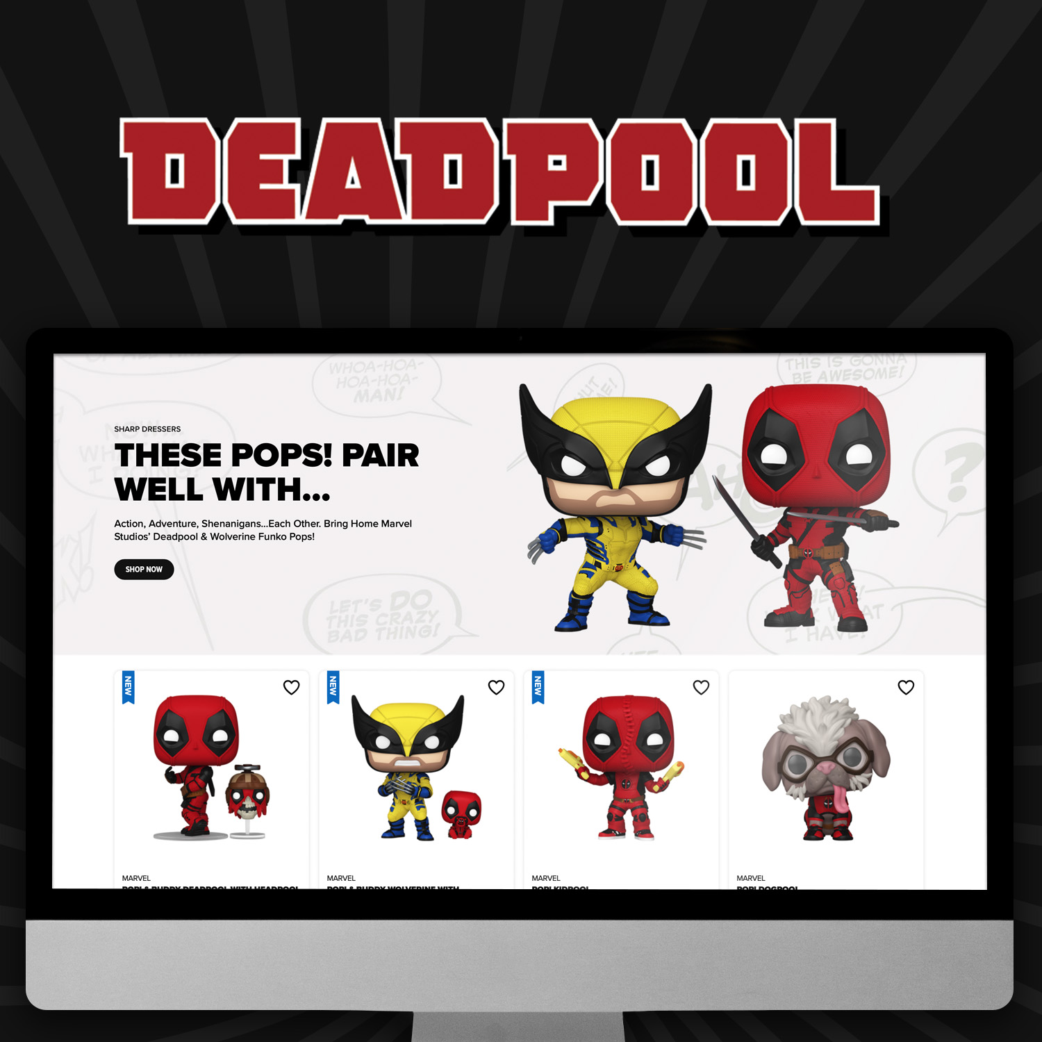 Black swirl background with computer screen showcasing Funko Deadpool collection. Click now to shop Deadpool!