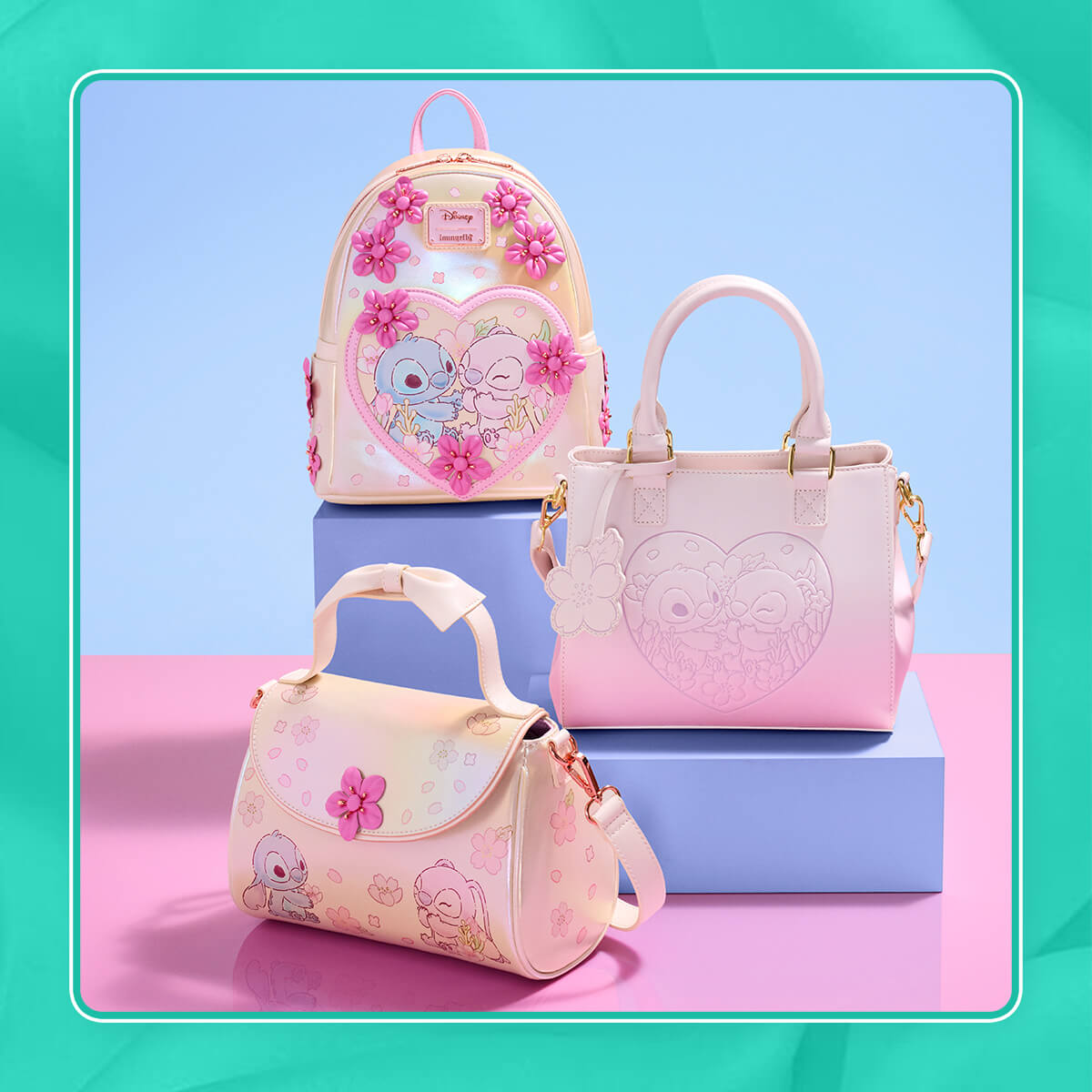 Teal border featuring Loungefly March Disney Lilo & Stitch Cherry Blossom collection