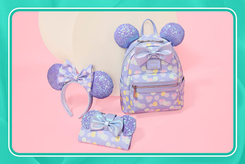 Teal border with Loungefly March Exclusive Disney Minnie Mouse Iridescent collection