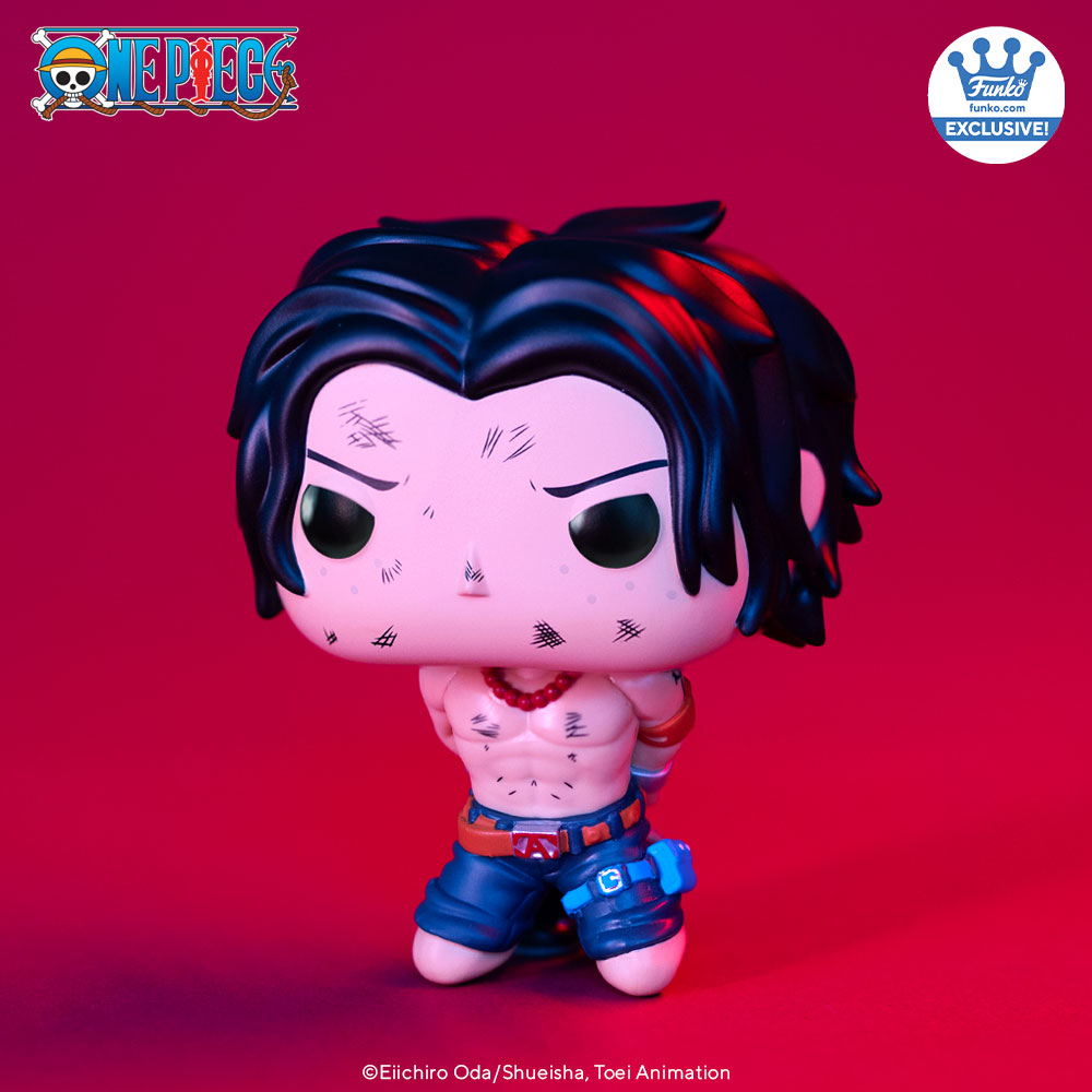This photo shows exclusive POP! Ace, kneeling for his execution in the Marineford Arc from One Piece. The background is red.