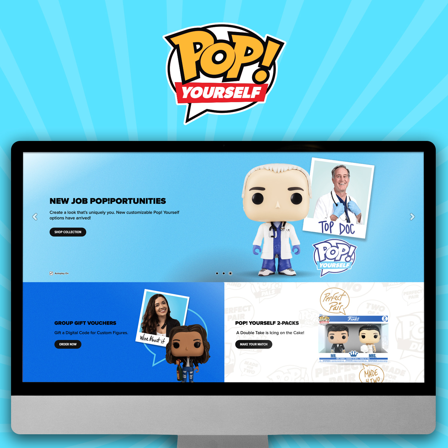 Baby Blue swirl background with computer screen showcasing Funko POP! Yourself. Click to learn more about custom POP!s