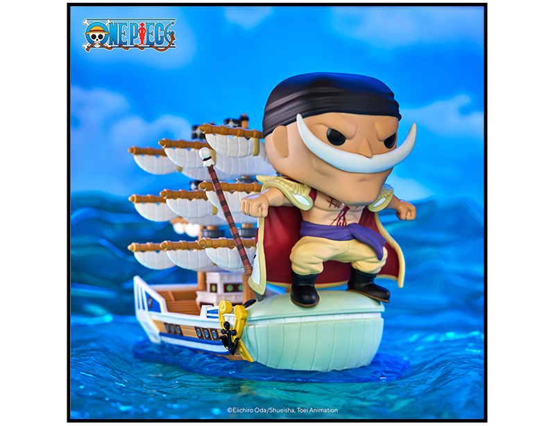Cartoon Blue ocean background featuring Funko POP! Rides One Piece Whitebeard with Moby Dick