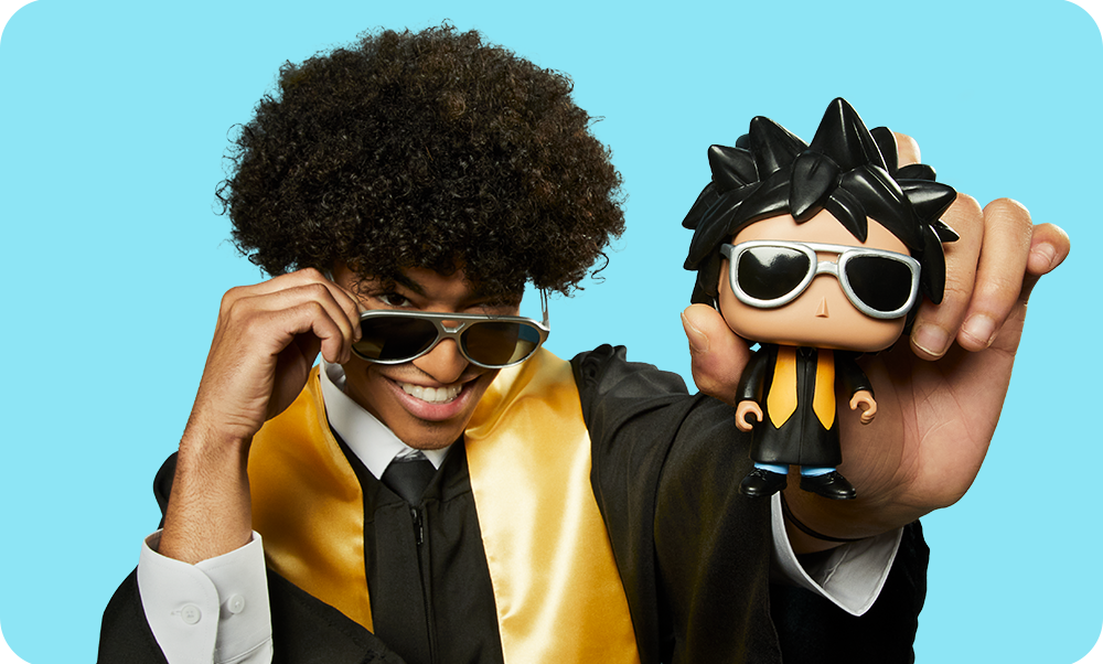 Blue background with grad showing off his customized Funko POP! Yourself vinyl figure