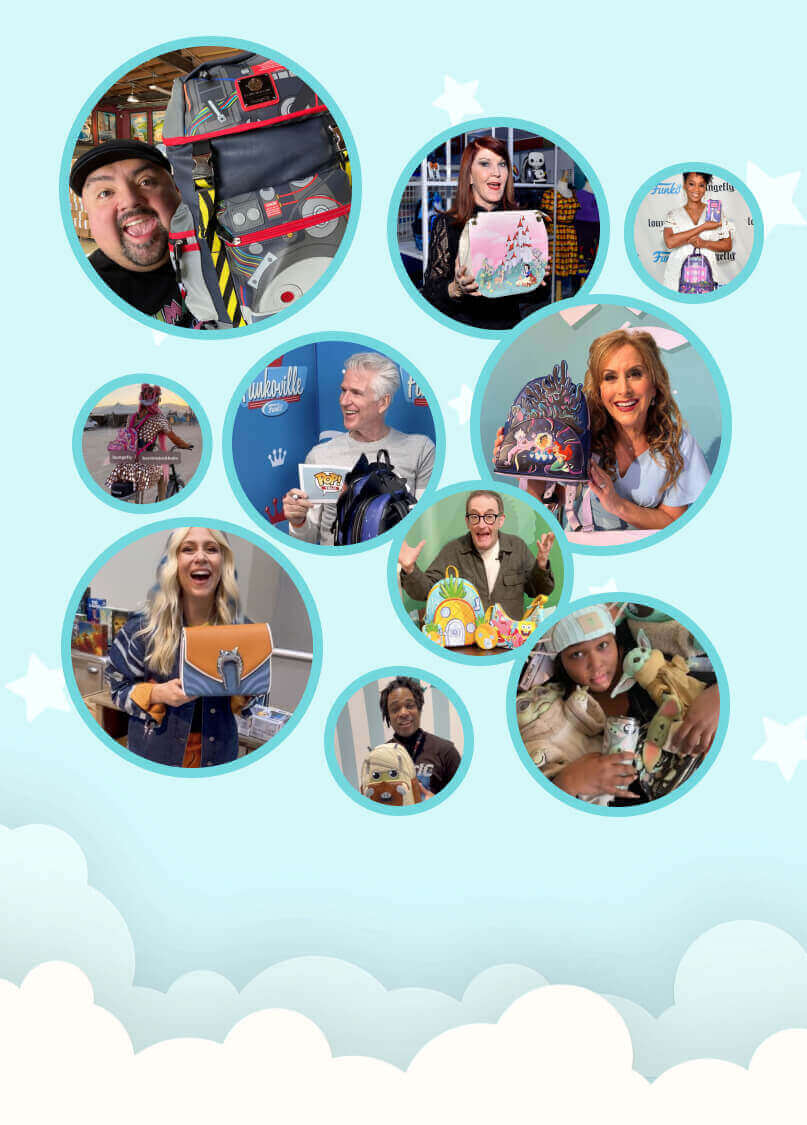 Blue background with white stars and clouds with a collage of celebrities holding Loungefly products featuring Jodi Benson, Kate Flannery, Gabriel Iglesias and more!