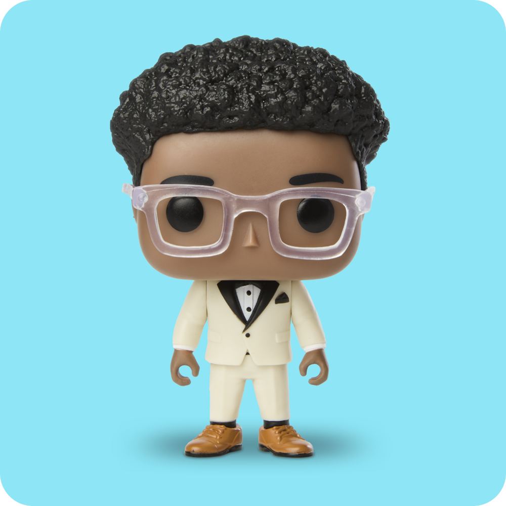 Light Blue background with custom Funko POP! Yourself vinyl figure of a grad